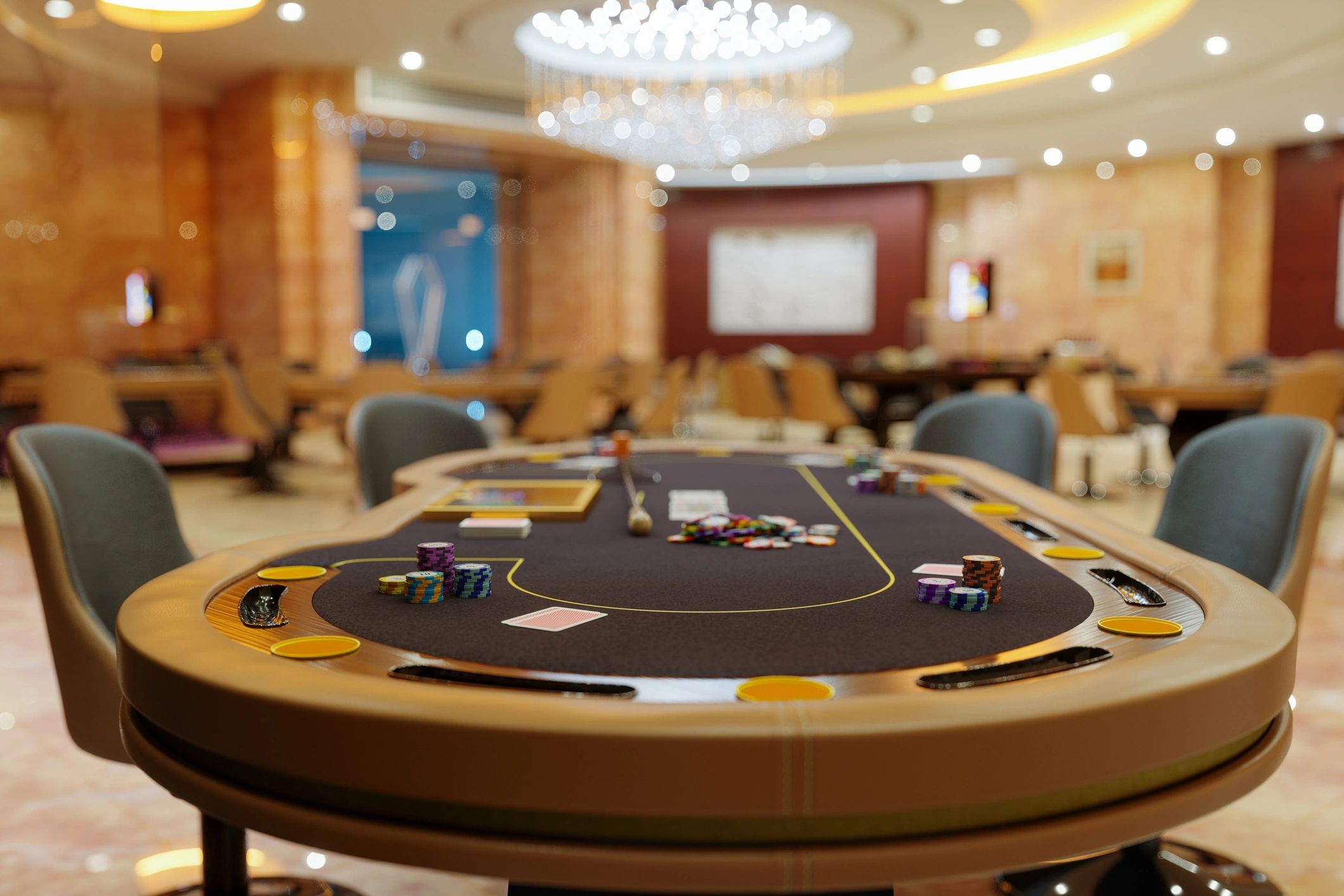 Poker chips and cards arranged on a casino table